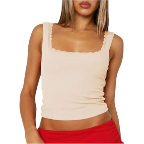 Womens Summer Crop Tank Tops Sleeveless Casual Lace Pajama Tops Square Neck Soft Comfy Slim Fit Lounge Tee Shirt