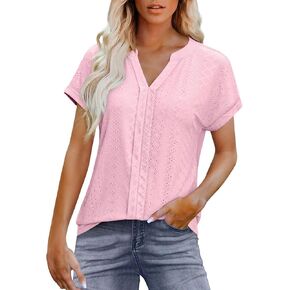 Womens Summer Short Sleeve Shirts Fashion V Neck T-Shirt Business Casual Eyelet Textured Tops Basic Plain Tee Blouse