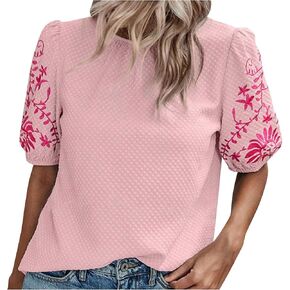 Womens Summer Texture Tops Dressy Casual Embroidery Boho Floral Blouse Crew Neck Short Sleeve T Shirts Trendy Outfit