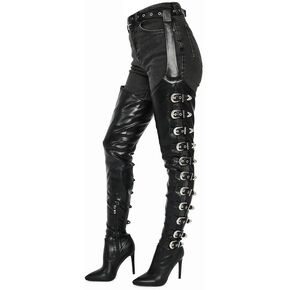 MissHeel Thigh High Belted Chap Boots with Bukles Sexy Over the Knee Stiletto Boots Side Zipper