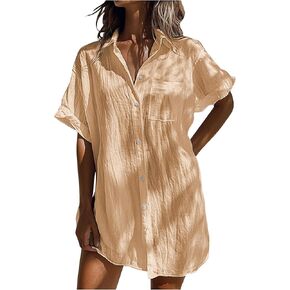 Cotton Linen Shirts for Women Plus Size Long Tops Short Sleeve Tshirts Button Down V Neck Dressy Blouses with Pocket