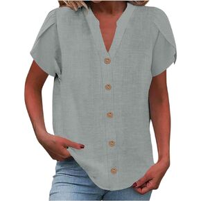 Cotton Linen Button Down Shirts for Women Petal Short Sleeve Henley V Neck Blouses Casual Loose Vacation Beach Tops
