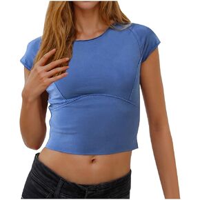 Womens Crop Tops Cute Summer Scoop Neck Basic Tees Slim Fit Trendy Short Sleeve Going Out T Shirts for Teen Girls