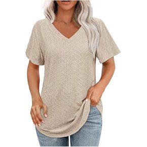 Women's Casual Shirts Trendy Crochet Lace Tops Summer Hollow Out Dressy Blouses Short Sleeve V Neck Tunic Solid Tees