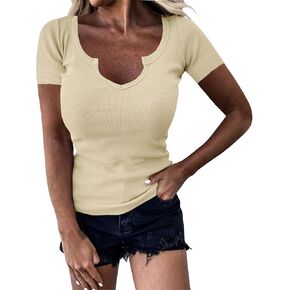 Womens Short Sleeve Sweaters Ribbed Knit Notched V Neck Sweater Shirts Business Casual Work Tops Summer Outfits