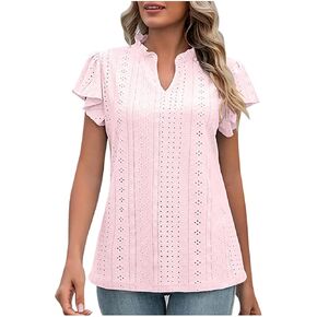 Womens Tops Eyelet Ruffle Sleeve Notched V Neck Causal Shirts Loose Fit Blouse Dressy T Shirts Summer Clothes Outfit