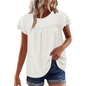 Women's Summer Tops Elegant Ruffle Layered Cap Sleeve Shirt Dressy Blouses Casual T Shirts Loose Fitting Tunic Shirt
