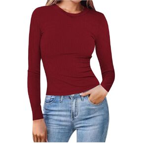 Womens Ribbed Shirts Crewneck Slim Fitted Tops Casual Underscrubs Layer Slim Basic T-Shirts Going Out Knit Sweater