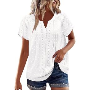 Womens Summer Blouse Swiss Dots Lace Eyelet Short Sleeve Dressy Casual Loose Fit T Shirt Embroidery V Neck Tunic Top