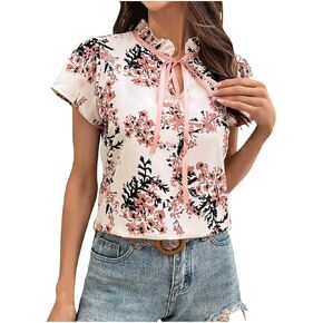Women's Floral Print Blouse Short Sleeve Strappy Tie Mock Notched V Neck Shirts Summer Boho Tops Work Tee Tshirt