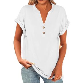 Womens Short Sleeve Shirts Casual Button V Neck Tops Dressy Outfits Summer Fashion Blouses Basic Tee Trendy Clothes