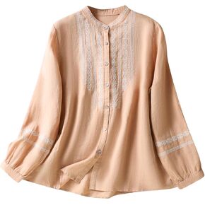 Womens Casual Cotton Linen Button Down 3/4 Sleeve Shirts Embroidered Lightweight Summer Blouses Ethnic Style Tops
