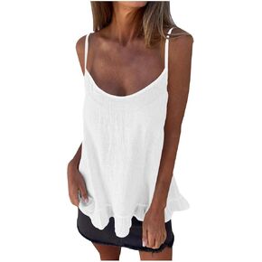Women's Linen Shirts Sleeveless Spaghetti Strap Camisole Blouses Casual Loose Fit Cami Top Summer Beach Outfits