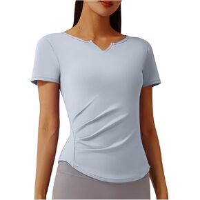Women's Workout Tops Short Sleeve Gym Shirts Summer Sports Athletic Yoga Tshirts Slim Fit Casual Notched V Neck Tee