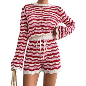 Women Swimsuit Cover Up Striped Hollow Out Knit Top & Shorts Cover Up Set