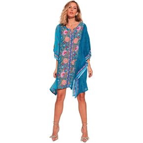 Women's Hawaiian Floral Print Kaftan Beach Cover Up– V-Notch Neck, Kimono Sleeves, Knee Length, Free Size