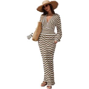 Women Swimsuit Cover Up Long Sleeve Striped V-Neck Long Cover Up Dress