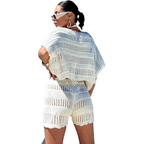 Women Swimsuit Cover Up Hollow Out Knit Beach Cover-Up Set