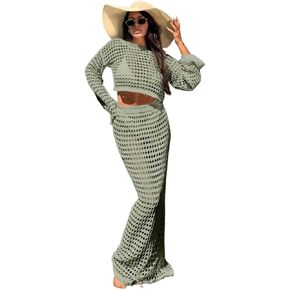 Women Swimsuit Cover Up Round Neck Long Sleeve Top And Mesh Skirt Cover-Up Suit Set