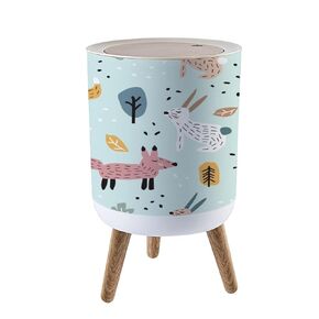 Trash Can with Lid Seamless pattern cute woodland animals birds for nursery textile Press Top Round Small Garbage Bin with Wooden Legs Waste Basket for Kitchen Bedroom Nursery 7L/1.8 Gallon