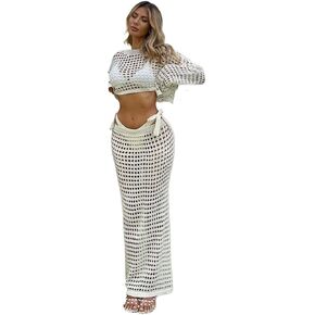 Women Swimsuit Cover Up Mesh Cover Up Set With Long Sleeve Top And Skirt