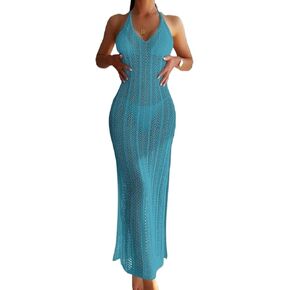 Women Swimsuit Cover Up Hollow Out Knit Neck Sleeveless Cover Up Dress With Tie