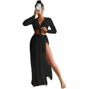 Women Swimsuit Cover Up Long Sleeve Front Knot Cover Up Top And High Slit Skirt