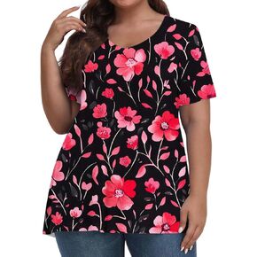 Women Casual Flower Print Shirts Plus Size Summer Tops Short Sleeve V Neck Tunic Shirts Loose Fit Blouses Comfy Tees