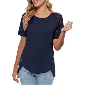 Womens Tops Patchwork Lace Short Sleeve Shirts Dressy Casual Blouses Irregular Hem Summer Outfits Trendy Clothes