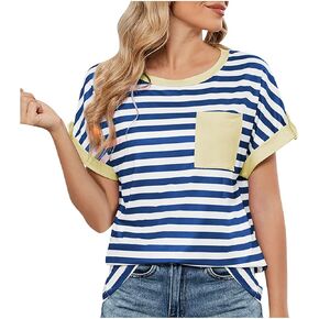 Womens Tops Short Sleeve T-Shirts Striped Blouses Dressy Casual Tee Summer Fashion Soft Comfy Clothes with Pocket