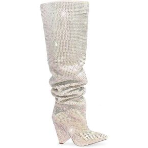 Liliana Women's Pointed Toe Fashion Rhinestones Boots Over Knee High Slouch Pull On Boots