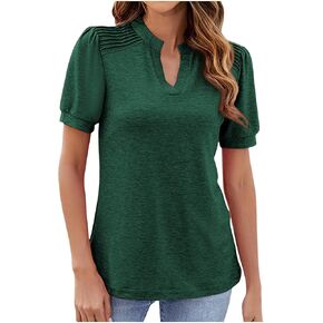 Womens Short Sleeve Shirts Tops Puff Notched V Neck Pleated Dressy Blouses Business Casual Outfits Summer Clothes