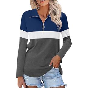 Women's Long Sleeve Shirts Quarter Zip Color Block V Neck Tunic Tops Casual Lapel Collar Blouse Fashion Tee Tshirt