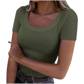 Womens Short Sleeve Crewneck Rib Knit Slim Fitted Shirts Summer Basic Tee Tshirt Going Out Tops Underwear Outfits