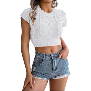 Women's Knit Crop Tops Short Sleeve Round Neck T Shirts Basic Summer Sweater Top Going Out Tee Y2K Outfits Clothes