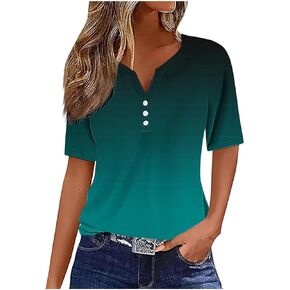 Women's Short Sleeve Summer Tops Trendy Crewneck Gradient Button V Neck Casual T-Shirts Work Blouses Fashion Tee