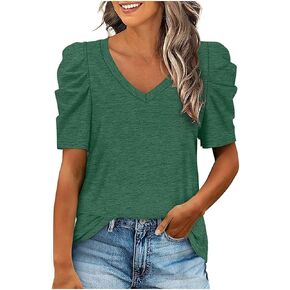 Womens Short Sleeve Tops V Neck Casual Tunic Tops Solid Pleated Shirts Dressy Casual Blouse Summer Outfits Clothes