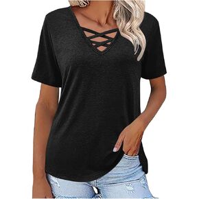 Womens Summer Tops Dressy Casual Short Sleeve T Shirts Criss Cross V Neck Tops Basic Tee Fashion Trendy Blouses