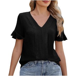 Womens Summer Tops V Neck Ruffle Short Sleeve T-Shirts Business Casual Fashion Clothes Blouses Loose Fit Outfits