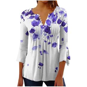 3/4 Sleeve Shirts for Women Henley Button V Neck Pleated Tunic Top Dressy Casual Floral Print Blouse Fashion Outfits