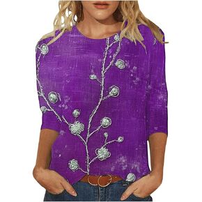 Womens 3/4 Sleeve Tops Round Neck Shirts Loose Fit Casual Three Quarter Sleeve Tshirts Vintage Floral Print Tee