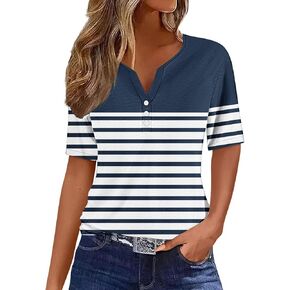 2025 Vintage Striped Tees Women Casual Short Sleeve Shirts Button Up V Neck Dress Blouses Relaxed Fit Pullover Tshirt