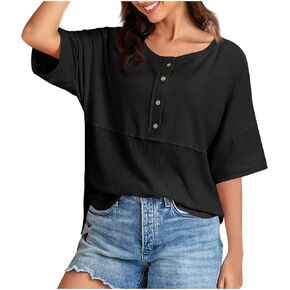 Womens Waffle Knit Tops Summer Henley Button V Neck T Shirts Short Sleeve Casual Loose Fit Cute Tee Fashion Blouse
