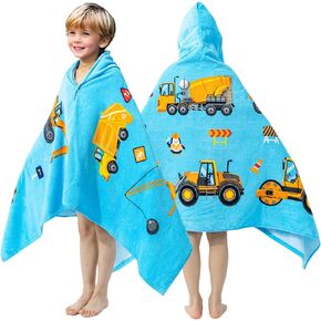 100% Cotton Hooded Towel for Toddlers 5-12 Years Boys Girls 60"x30" Extra Large Wearable Wrap Kids Bath Pool Beach Towel Soft Absorbent Beach Poncho(Construction Site XL)