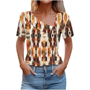 Women Paisley Tops Vintage Ethnic Style Asymmetrical Neck Short Sleeve Shirt Dressy Casual Blouse Graphic Tee Tshirt