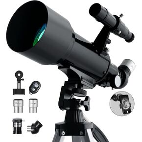 Telescope 70mm Aperture 500mm - Portable Refractor Telescopes for Kids & Adults AZ Mount Fully Multi-Coated Optics, with Tripod Phone Adapter, Wireless Remote, Carrying Bag Black