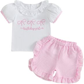 Baby Girl Birthday Outfit Letters Bow Embroidery Short Sleeve Shirts Elastic Waist Shorts Birthday Summer Clothes