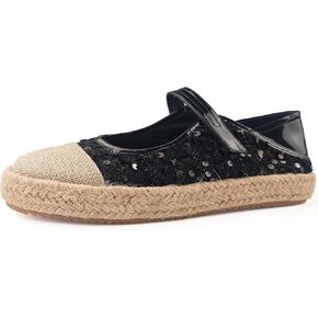 Women's Casual Platform Shoes Espadrille Jute Woven Midsole, Sparkling Embellishments, Adjustable Buckle, Soft Round-Toe Flats for Comfort Bohemian Garden Style US Size 7