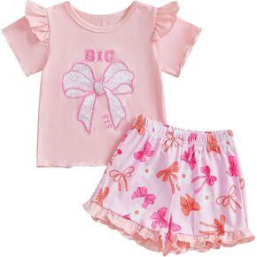 Big Sister Little Sister Matching Outfits Embroidered Bow Little/Big Sister Shirt Ruffle Shorts 18 Month 2T 3T 4T