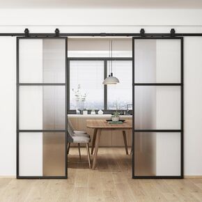 BARNSMITH 64in x 84 in Double Glass Barn Door with 11FT Top Mounted Hardware kit Soft Close, Black Carbon Steel Tempered Frosted Glass Sliding Interior Double Barn Door
